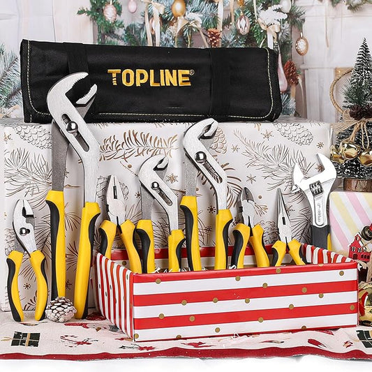 TOPLINE 8-Piece Pliers and Wrench Set, 8??Adjustable Wrench, 12?? 10?? 8??Groove Joint, 7??Linesman, 6??Slip Joint, 6??Long Nose, 6??Diagonal Pliers for Home Repair, Rolling Pouch Included