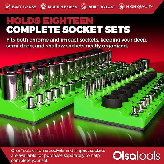 Olsa Tools Magnetic Socket Organizer | 6pc Socket Holder Kit | 1/2-Inch, 3/8-Inch, & 1/4-Inch Drive | Socket Organizers For Toolboxes | Green | Holds 273 | Professional-Grade Tool Organizer |Part 1668
