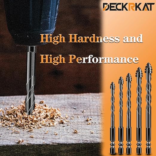 DECKRKAT Upgraded 5-Piece 1/2 Inch Black 4-Flute Serrated Masonry Drill Bits - Concrete, Tile, Glass, Brick, Ceramic, Plastic, Wood