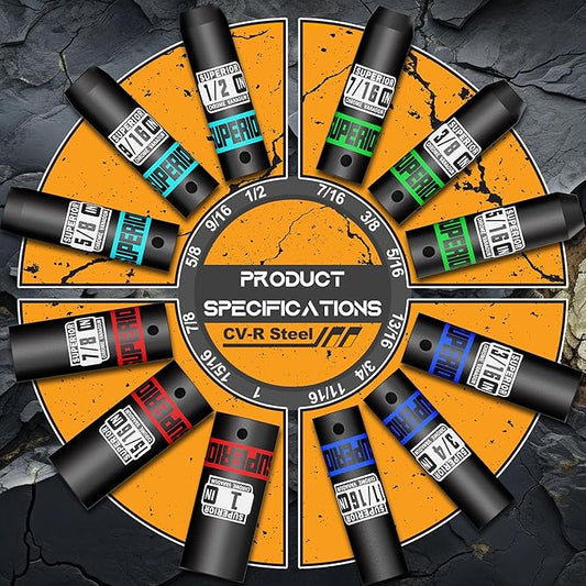 12 Piece 1/2" Drive Deep Impact Socket Set, 3/8" to 1", SAE, 6 points, CR-V Material, Cars, Motorcycles, Tire Changes