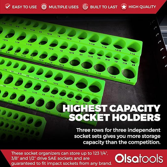 Olsa Tools Magnetic Socket Organizer | 3pc Socket Holder Kit | 1/2-Inch, 3/8-Inch, 1/4-Inch Drive | Socket Organizers For Toolboxes | Green | Holds 123 | Professional-Grade Tool Organizer | Part 1561