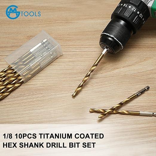 10 Pcs 1/8" Titanium Coated Twist Hex Shank Drill Bit Set, 135 Degree Tip HSS Impact Drill Bit Set with Storage Case for Metal, Aluminum, Steel, Wood, Plastic, Quick Change Design