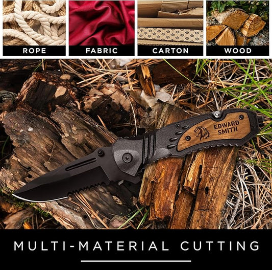 Personalized Pocket Knife, Gift for Men, Stocking Stuffers For Men Him/Dad, Custom Engraved Knife for Camping, Hunting Essentials With Belt Clip, 8 Inch Stainless Steel Blade and Wood Handle