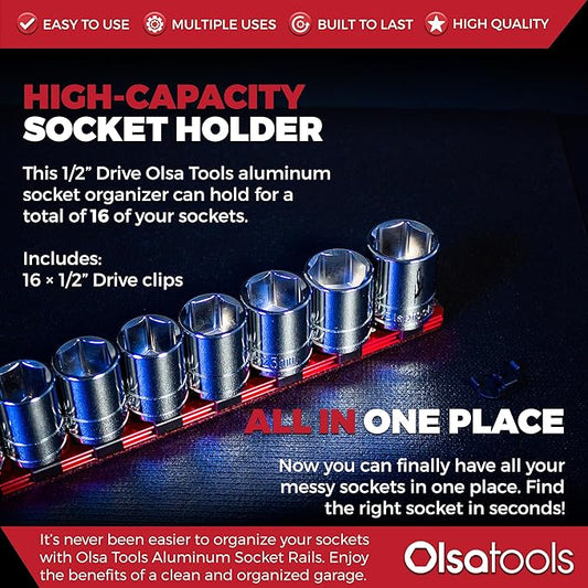 Olsa Tools 1/2-Inch Drive Aluminum Socket Organizer with Locking End Caps | Professional Quality Socket Holder (RED)