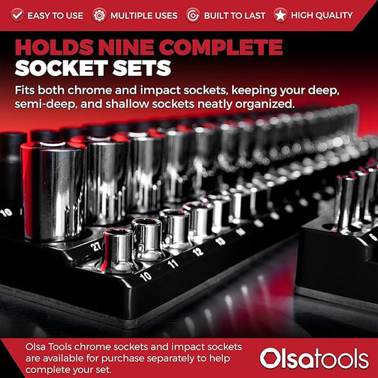 Olsa Tools Magnetic Socket Organizer | 3pc Socket Holder Kit | 1/2-Inch, 3/8-Inch, 1/4-Inch Drive | Socket Organizers For Toolboxes | Black | Holds 141 | Professional-Grade Tool Organizer | Part 1563