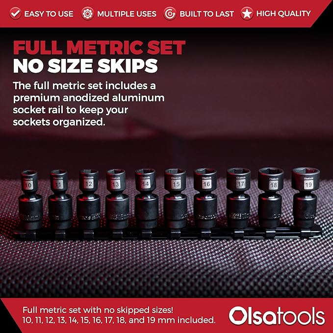 Olsa Tools Swivel Impact Socket Set, 3/8" Drive Metric - Pinless Universal Joint Sockets - Impact Swivel Socket Set - Drop-Forged Cr-Mo High Torque Wobble Sockets with Rail - Part: 1759