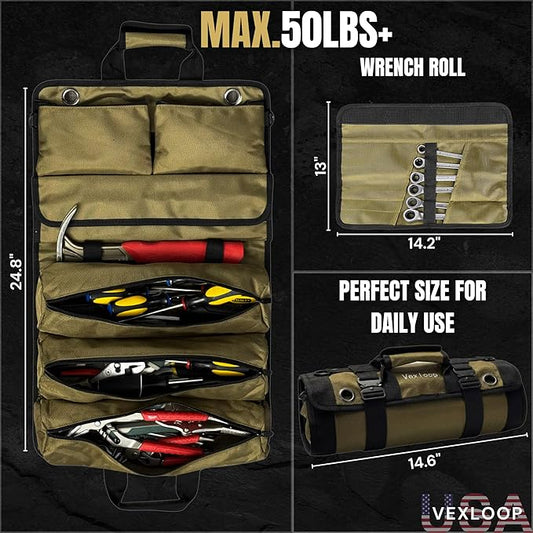 Heavy-Duty Tool Roll Bag Organizer Aluminium Clasp | Ultra Thick & Puncture Resistant Mechanic Roll tool Bag for Truck, Jeep & Car | Large Capacity Overland Gear Storage | Roll Up Tool Bag Organizer