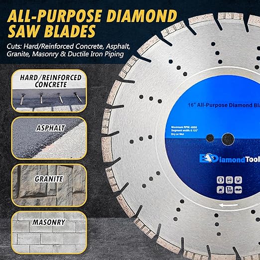 16" All Purpose Diamond Saw Blades for Hard/Reinforced Concrete, Asphalt, Granite, Terrazzo, Ductile Iron Piping, 5-5/8" Cutting Depth, 20mm Arbor