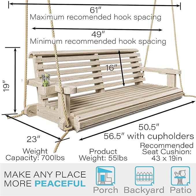 Porchgate Amish Heavy Duty 800 Lb Roll Comfort Treated Porch Swing W/Ropes (4 Foot, Unfinished)