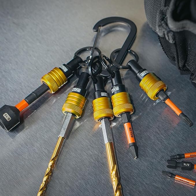 Railer Bit Holder Keychain 5pc - 1/4 inch Hex Shank Bit Holders - Quick Release Bit Holder for Nut Driver, Screwdriver & Drill Bits w/Key Chain Carabiner