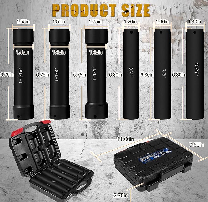 1/2 Inch Drive Extended Length Impact Socket Set 6Pcs, Extra Deep Socket Set Kit Includs Hex Sizes 3/4", 7/8", 15/16", 1-1/16?? 1-1/8", 1-1/4"