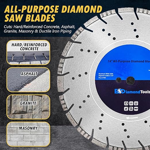 14" All Purpose Diamond Saw Blades for Hard/Reinforced Concrete, Asphalt, Granite, Terrazzo, Ductile Iron Piping, 4-5/8" Cutting Depth, 20mm Arbor