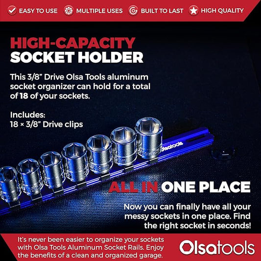Olsa Tools Aluminum Socket Organizer with Locking End Caps - 3/8-Inch Drive - Blue Socket Holder Rails for Chrome or Impact Sockets - Compact and Durable Socket Storage Solution - Part: 1175