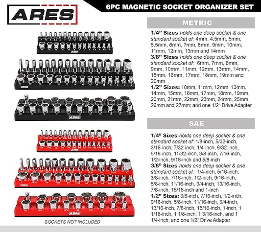 ARES 60057-6-Piece Magnetic Socket Organizers - Metric and SAE Set Black and Red -1/4 in, 3/8 in, 1/2 in Socket Holders -143 Pieces of Standard (Shallow) and Deep Sockets -Organize Your Tool Box