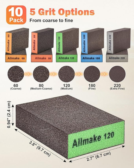 10 Pack Sanding Sponge, Washable and Reusable Sanding Block, 60 80 120 180 220 Grit Wet Dry Sandpaper Block for Wood, Drywall Sanding Block for Wood Furniture Crafts Metal Polishing Sand Paper Block