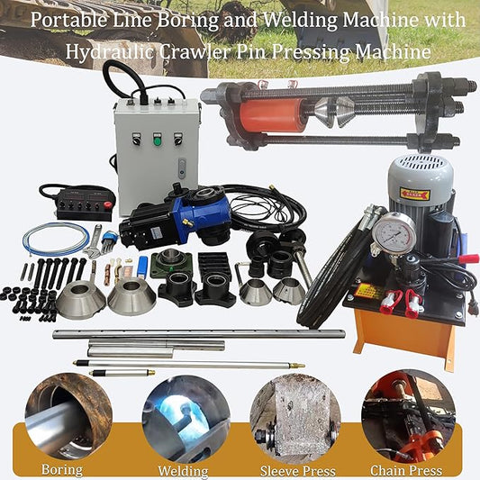 TECHTONGDA 110V 2 in1 Portable Line Boring and Welding Machine with 110V 70T Hydraulic Crawler Pin Pressing Machine, European Connector, Chain Press Machine, for Excavators, Loaders Chain Repairing