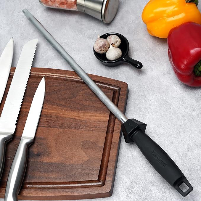 Knife Sharpener Knife Sharpening Rod Honing Steel with 15째-18째-20째Angle Guides Professional Carbon Steel with Black Rubber Grip for Kitchen Chef House Gift 12''