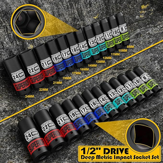 14 Piece 1/2" Drive Impact Socket Set, 8 mm - 22 mm Deep Socket, Metric Socket Set With Adapter & Quick-Release Holder, 6 Point, CR-V, Automotive Maintenance, Machinery Manufacturing