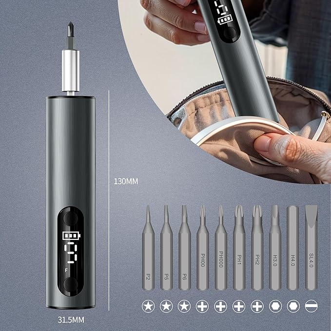 Multi-Functional Electric Screwdriver Set - Cordless Stick Drill w/Wireless Charging & Magnetic Bits, Perfect for Electronics, Home Appliances, Computers, Phones, Watches Repair & DIY (grey)