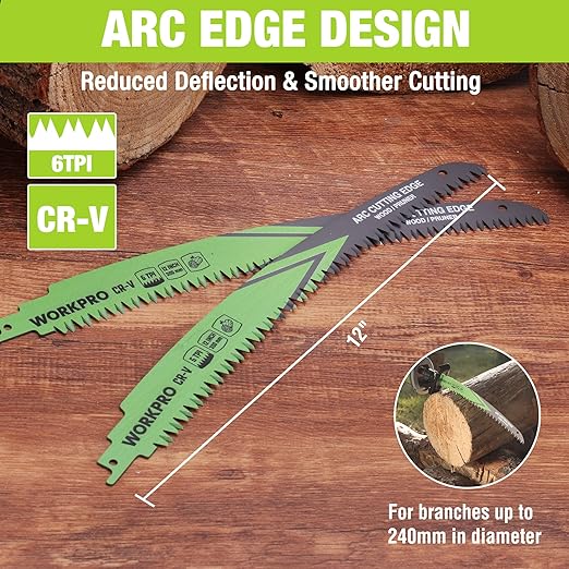 WORKPRO 12" Japanese Teeth Wood Pruning Reciprocating Saw Blades Set, Arc Cutting Edge 6TPI Pruning Saw Blades for Tree Pruning, Wood Cutting, Durable & Sharp, 3 Pack