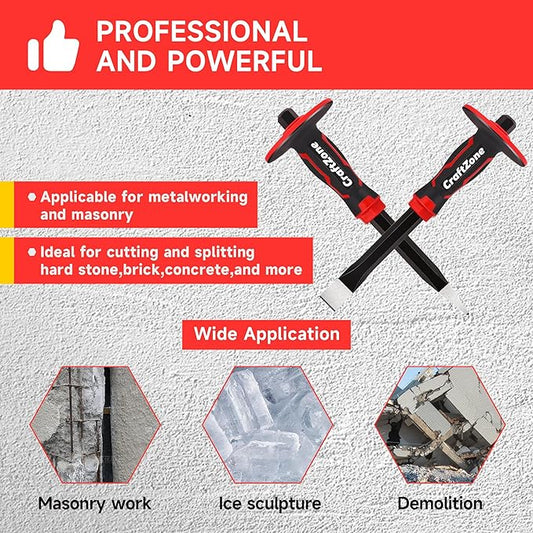Masonry Chisel Set - 2-Piece Heavy Duty Pointed & Flat Rock Chisels, Concrete Stone Chisel with Hand Protection for Brick Breaking Carving Splitting Cutting Mason Tools
