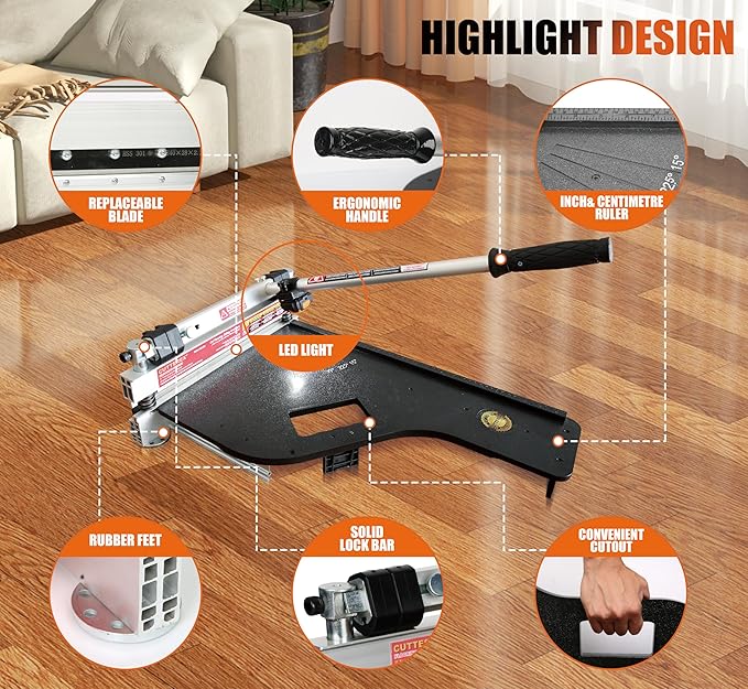 Laminate Floor Cutter, 13” Vinyl Floor Cutter with Wheels – Easy Angle & Length Cutting, Flooring Tools - Cuts Laminate Floor, Engineered Wood, LVP, LVT, VCT, SPC, WPC, HSS Blade/LED Light