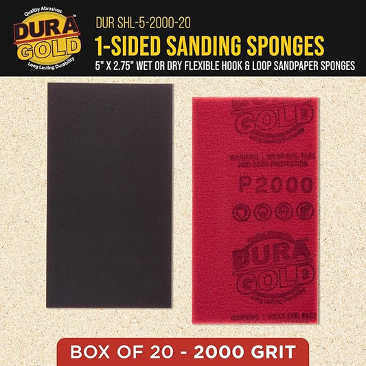 Dura-Gold 2000 Grit 5" x 2-3/4" Sanding Sponges, Box of 20 - Performance Hook & Loop Wet or Dry Flexible Sandpaper Sponge Pads - for Hand Sanding Blocks, Palm Sanders - Polish Metal, Auto Paint, Wood