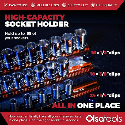 Olsa Tools Aluminum Socket Organizer, 3pc Set - Orange Socket Holder Kit 1/2-Inch, 3/8-Inch, and 1/4-Inch Drive - Holds 58 Chrome or Impact Sockets - Professional Grade Socket Rails - Part: 1106