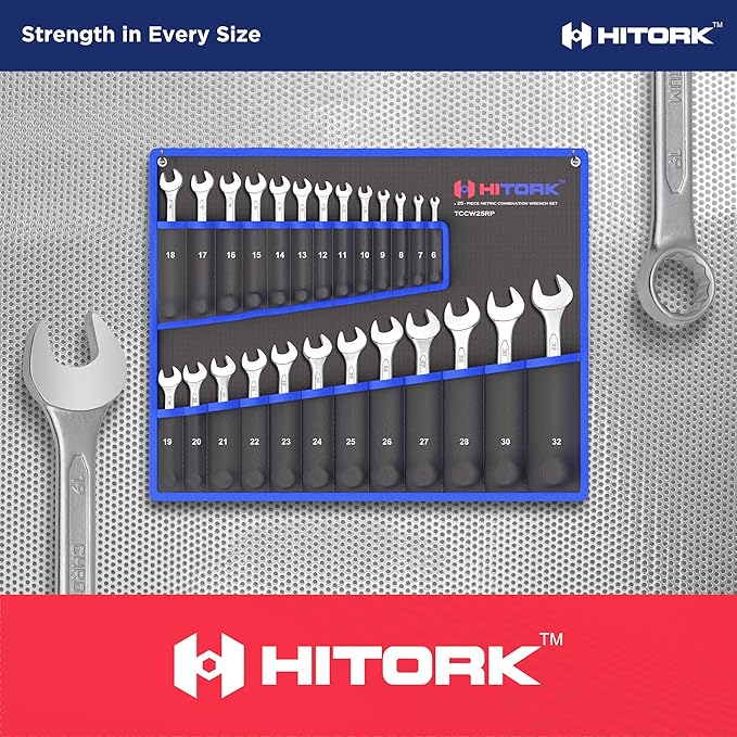 HITORK 25 Piece Metric Wrench Set (6-32 mm) CrV Steel Matt Finish with Polished Head 12 Point Box End 15째 Offset Roll Up Pouch Durable Combination Wrench Set for Home, Garage & Auto Repair