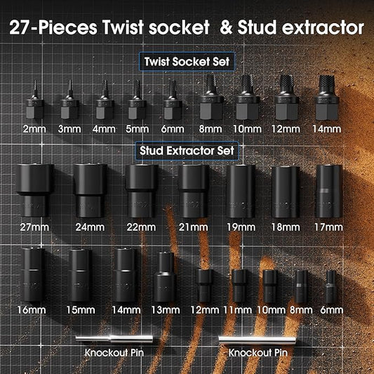 27-Pieces Twist socket & Stud extractor for Damaged, Frozen, Studs, Rusted, Rounded-Off Bolts, Nuts & Screws, Cr-Mo Steel