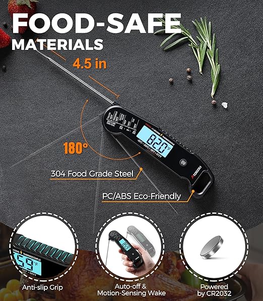 Atogou Professional Food & Meat Thermometer, 1 Sec Instant Read & 짹0.5??Accuracy, Thermocouple Sensor, IP67 Waterproof Digital Thermometer for Cooking, BBQ, Grill Gifts for Men Him Dad Birthday