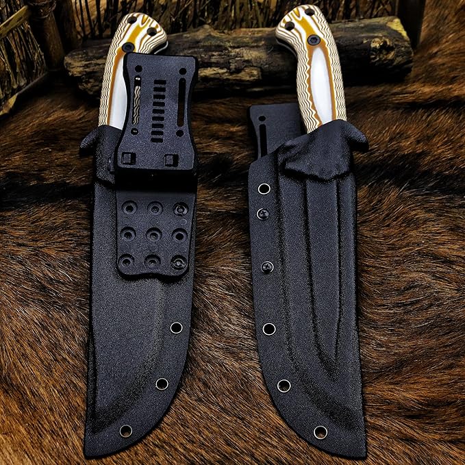 BA-KOR 12.4in Full Tang Fixed Blade Hunting Knife – 6mm 9CR18MoV Steel, G10 Handle, Stonewashed Sawback Blade with Kydex Sheath & Fire Starter for Outdoor, Camping, Survival (White and brown stripes)