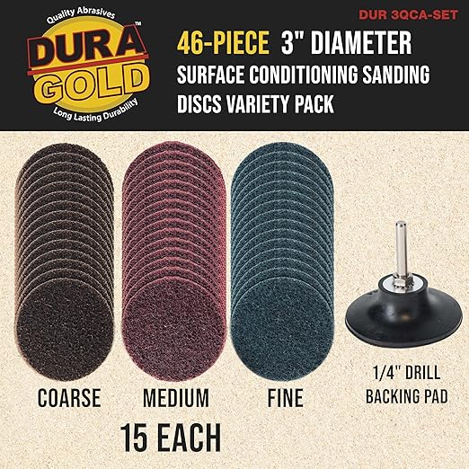 Dura-Gold 46-Piece 3" Diameter Surface Conditioning Sanding Discs Variety Pack - 15 Each Coarse, Medium, Fine Grit Quick Change Roll Lock, 1/4" Drill Backing Pad Rust and Paint Removal Oxidation