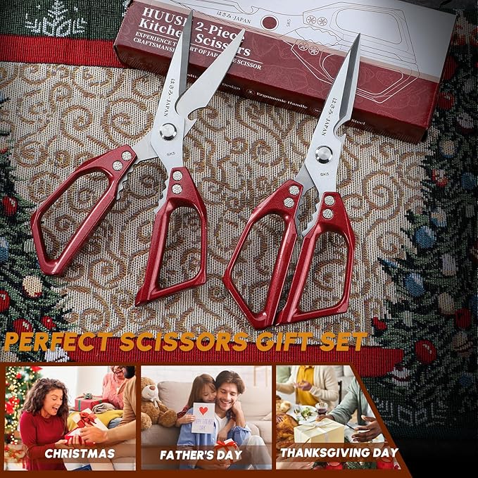 Huusk kitchen Scissors Set Red - Japanese kitchen Shears, Heavy Duty Poultry Shears, Sharp Meat Scissors for Food, Chicken Bones, and Turkey, Christmas Gifts for Women Men