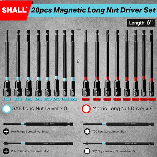 SHALL 20PCS Magnetic Nut Driver Set, 6??Long Nut Drivers for Impact Drill, SAE & Metric 1/4??Hex Shank Nut Driver Bit & Impact Drill Driver Bit w/Power Screwdriver Bits PH1/PH2/SQ2/T20, Storage Bag