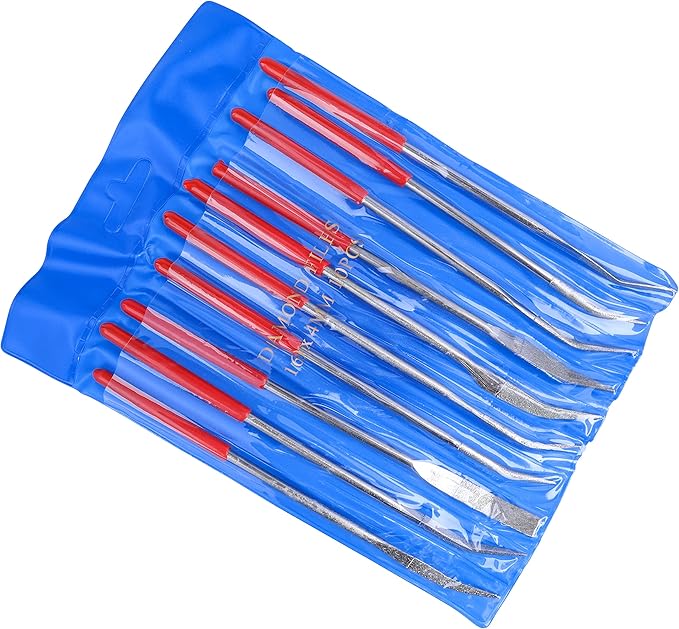 YAKAMOZ 10Pcs Curved Mini Diamond Metal Files Set 3x160mm Bent Round Needle File Triangular Square Flat Riffler File Kit Wood Stone Glass Jewelry Fine File DIY Tools