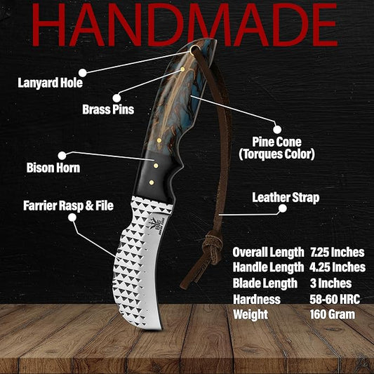 Handmade farier rasp Steel Lineman’s Hawkbill knife with Leather sheath, Heavy Duty Utility Knife blade Electrician Wire Skinning knife for professional.