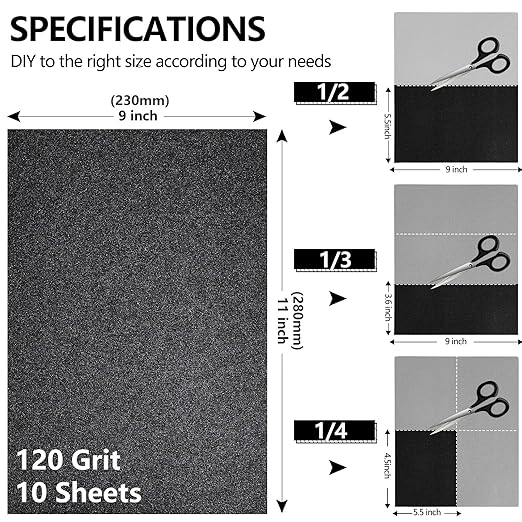 120 Grit Sandpaper, 9 x 11 Inch Wet Dry Sand Paper Hand Abrasive Sanding Sheets for Wood Metal Automotive Sanding and Polishing, Coarse - 10 Sheets