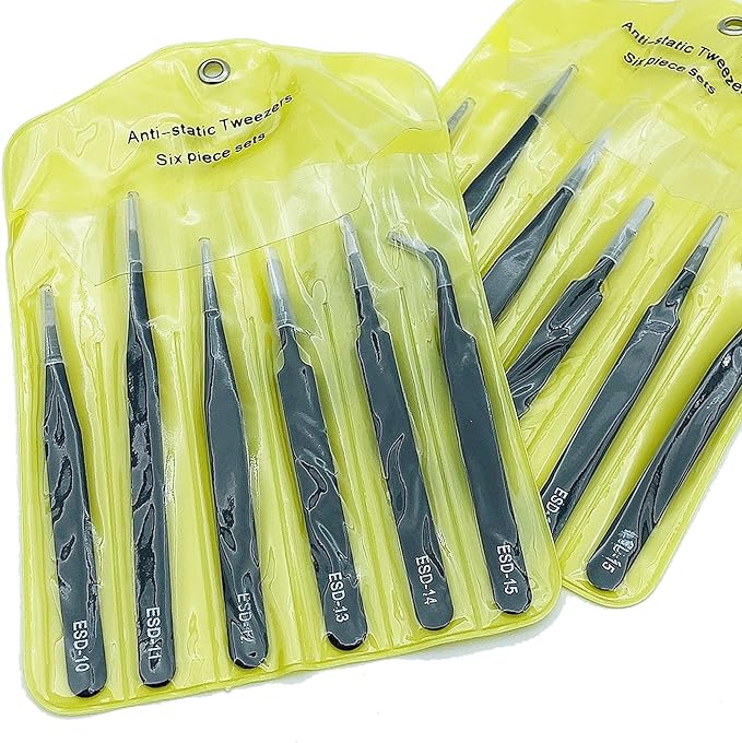 6Pcs ESD Tweezers Set Precision Tweezers Set ,Anti-Static Stainless with Storage Canvas Bag,for Craft,Electronics Repair,jewelry repair,Laboratory Work Etc
