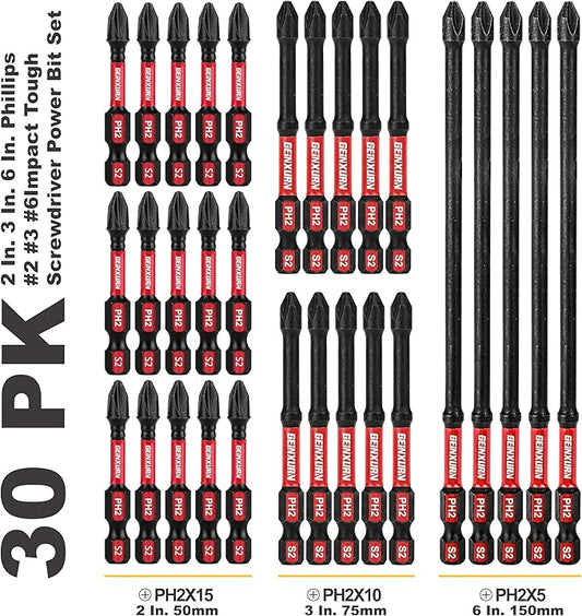 Impact Tough #2 Phillips Mixed 2/3/6 in. D2 Steel Long Extension Insert Driver Bits,30Pack 1/4 Inch Hex Shank Long Cross Magnetic PH2 Screwdriver Bits Set