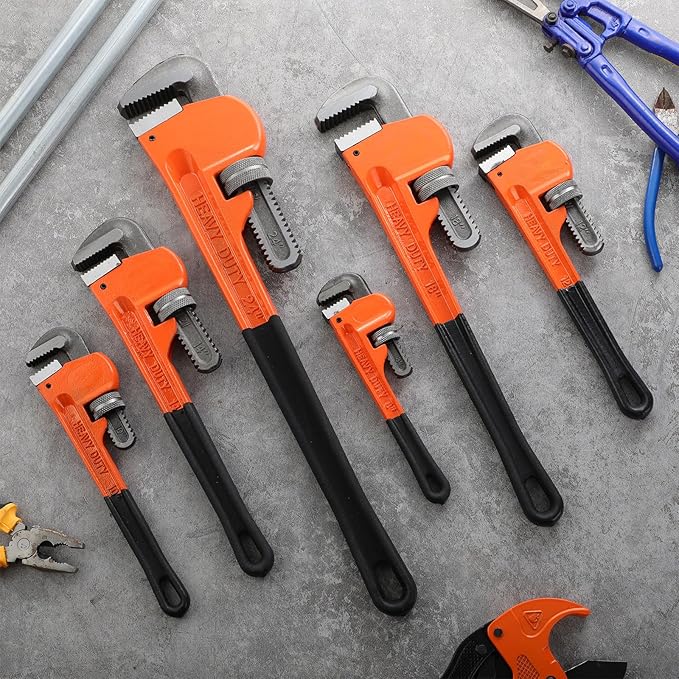 Lanties 6 Piece Heavy Duty Pipe Wrench Set - 8", 10", 12", 14", 18", 24", Adjustable Chrome Vanadium Steel Plumbing Wrench Set with Soft Handle & Gloves for Plumbers, Pipeline, Auto Repair(Orange)