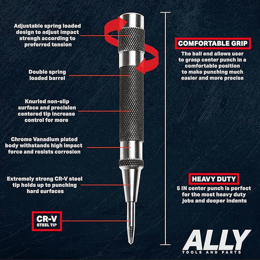 ALLY Tools Heavy Duty Automatic Center Punch w/Hardened Steel ??2PC Premium Automatic Center Punch for Metal for Machinists and Carpenters w/Adjustable Knurled Cap, Spring Loaded and Hard-Shell Case