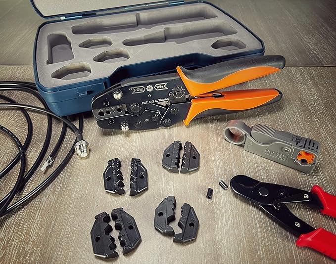 GIZWIZ Professional All-In-One RF Coax Quick Change Tool Kit Crimper Cutter Stripper 5 Interchangeable Die Sets