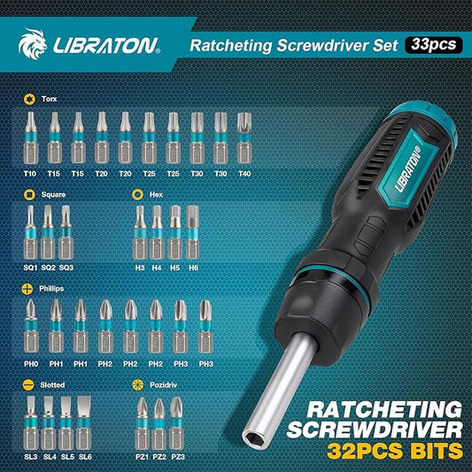 LIBRATON Ratchet Screwdriver Set, 33-in-1 Multi-Bit, Magnetic, Slotted/Philips/Pozi/Torx/Hex/Square Bits, Home/Auto/DIY