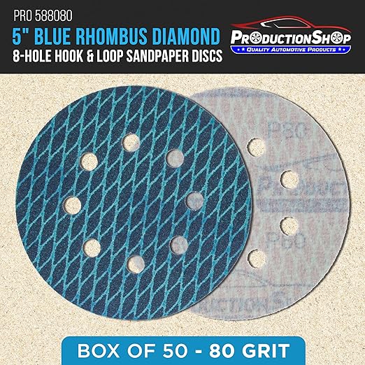 Premium 80 Grit 5" Rhombus Diamond Shape Blue Sanding Discs, 8-Hole, Box of 50 - Hook & Loop Anti-Clogging J-Cloth Dustless Sandpaper for Random Orbital Sanders, Sand Auto Paint, Wood