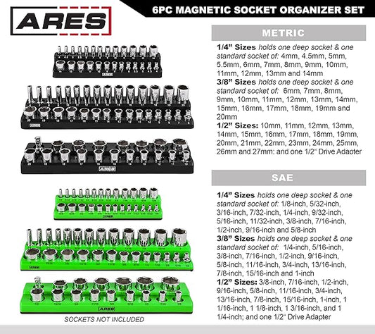 ARES 60160-6-Piece Magnetic Socket Organizers - Metric and SAE Set Black and Green -1/4 in, 3/8 in, 1/2 in Socket Holders -143 Pieces of Standard (Shallow) and Deep Sockets -Organize Your Tool Box