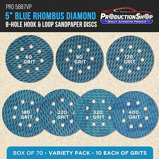 Premium 5" Rhombus Diamond Shape Blue Sanding Discs, 8-Hole, 70 Disc Variety Pack, Grits 60, 80, 120, 150, 180, 220, 320, 400 - Hook & Loop Sandpaper, Random Orbital Sanders, Metal Wood