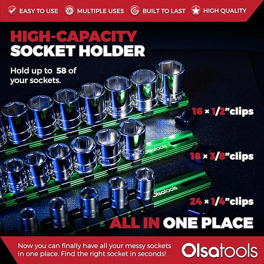 Olsa Tools Aluminum Socket Organizer, 3pc Set - Green Socket Holder Kit 1/2-Inch, 3/8-Inch, and 1/4-Inch Drive - Holds 58 Chrome or Impact Sockets - Professional Grade Socket Rails - Part: 1102