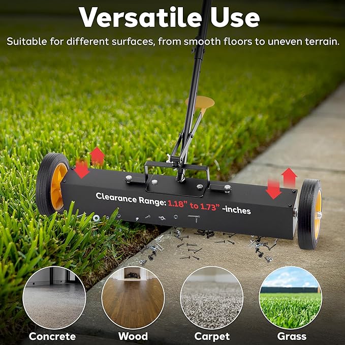 Pyle 24” Rolling Magnetic Sweeper with Adjustable Handle - Strong and Durable Metal Construction, Heavy-Duty Cleaning, Metal Pickup for Industrial and Commercial Use (Black and Orange)
