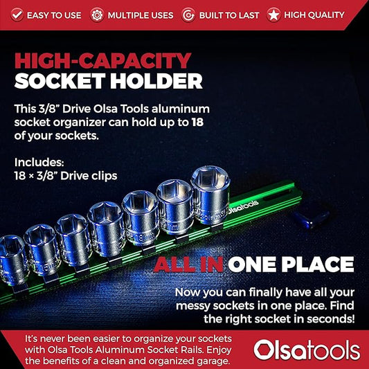 Olsa Tools Socket Organizer - 1/4-Inch Drive Socket Holder Rail - Green Aluminum Track Stores 24 Chrome or Impact Sockets - Professional Grade Metric or SAE Socket Organizer - Part: 1103